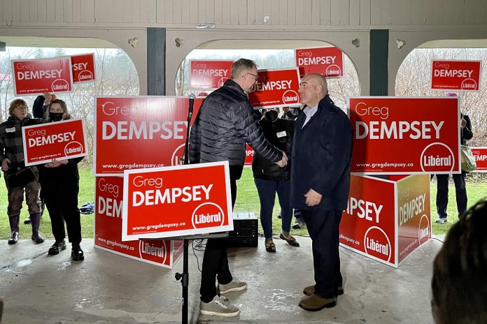 Greg Dempsey, the Liberal candidate for Peterborough-Kawartha in the June 2nd provincial election, welcomes Ontario Liberal Leader Steven Del Duca during Dempsey's official campaign launch at Lakefield's Isabel Morris Park on May 3, 2022. (Photo: Justin Sutton / kawarthaNOW)