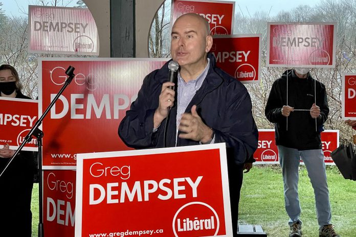 Ontario Liberal Leader Steven Del Duca speaks to a crowd of more than 200 supporters during Peterborough-Kawartha Liberal candidate Greg Dempsey's official campaign launch at Lakefield's Isabel Morris Park on May 3, 2022. (Photo: Justin Sutton / kawarthaNOW)