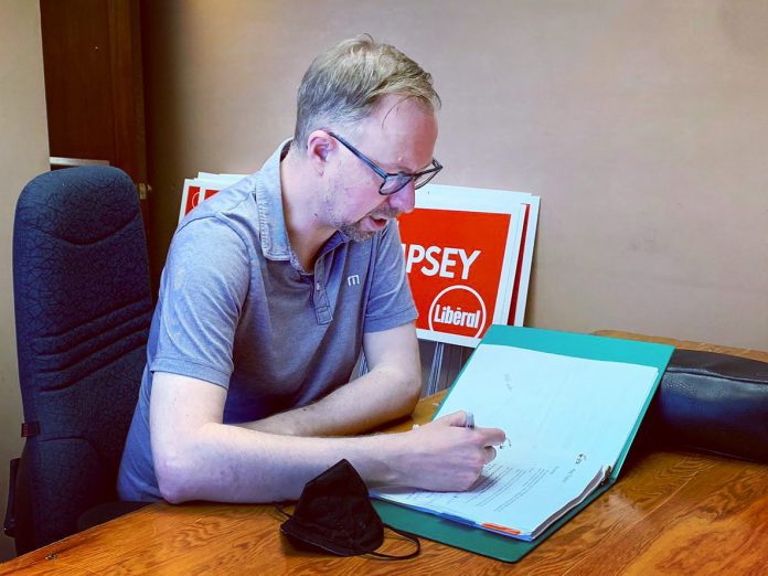 Peterborough-Kawartha Liberal candidate Greg Dempsey preparing for a debate on environmental issues and climate change at Trent University on May 12, 2022. (Photo courtesy of Greg Dempsey)
