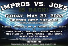 klusterfork entertainment's "Impros vs Joes" at the Gorden Beat Theatre in Peterborough on May 27, 2022 will feature "Impros" Linda Kash, Jane Luk, Sarah McNeilly, Meg Murphy, Dave Pearce, Dan Smith, and Janet Van De Graaff, amd "Joes" Troy Farrell, Yvonne LaRose, Jillian Lipsett, Donnell MacKenzie, and more, with local musician Danny Bronson provide musical accompaniment. (Graphic: klusterfork entertainment)