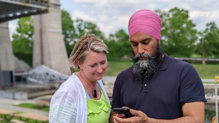 Provincial Peterborough-Kawartha NDP candidate Jen Deck with federal NDP leader Jagmeet Singh during a visit to Peterborough on May 31, 2022. (Photo: Bruce Head / kawarthaNOW)