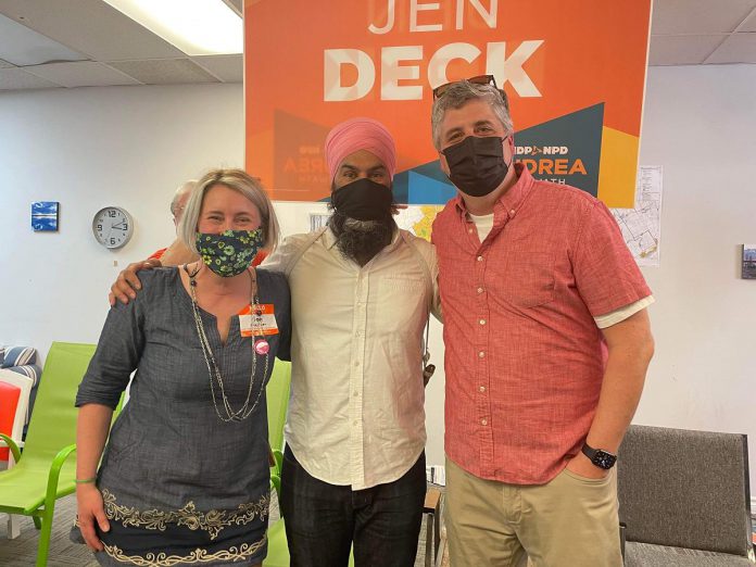 Ontario NDP candidate for Peterborough-Kawartha Jen Deck, federal NDP leader Jagmeet Singh, and David Berger, president of the Elementary Teachers Local for Kawartha Pine Ridge  at Deck's campaign office in downtown Peterborough on May 10, 2022. (Photo courtesy of David Berger)