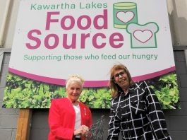 Kawartha Lakes Food Source volunteer Patty Jones (right) receiving the Barbara Truax Volunteer Award from Barbara Truax, one of the not-for-profit charitable organization's longest-serving volunteers, (Supplied photo)