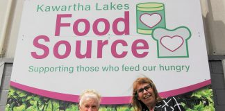 Kawartha Lakes Food Source volunteer Patty Jones (right) receiving the Barbara Truax Volunteer Award from Barbara Truax, one of the not-for-profit charitable organization's longest-serving volunteers. (Supplied photo)