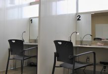 Two of the three consumption booths at the new Consumption and Treatment Services site (CTS), located at the Opioid Response Hub at 220 Simcoe Street in downtown Peterborough. On May 27, 2002, the partner agencies involved in the CTS provided a tour to local media, shortly after Health Canada granted approval of a three-year exemption permiting the supervised use of illegal substances at the site. (Photo: Bruce Head / kawarthaNOW)