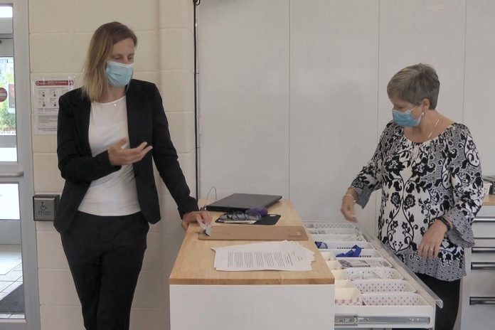 CTS program manager Kerri Kightley and Fourcast executive director Donna Rogers describe the intake process at the Consumption and Treatment Services site (CTS), located at the Opioid Response Hub at 220 Simcoe Street in downtown Peterborough. (Photo: Bruce Head / kawarthaNOW)