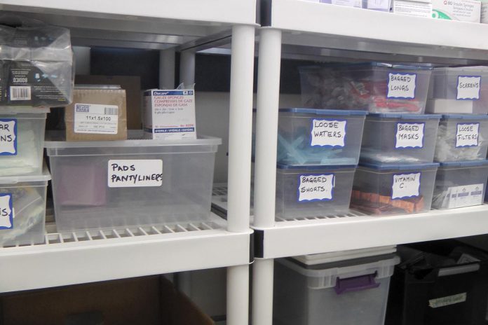 Some of the supplies available from PARN's Harm Reduction Works workspace at the Opioid Response Hub at 220 Simcoe Street in downtown Peterborough, where the CTS is located. When people enter the Opioid Response Hub, they are redirected to the appropriate service depending on what they need. (Photo: Bruce Head / kawarthaNOW)