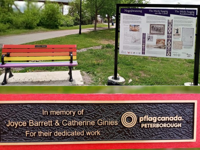 Pflag Peterborough's rainbow bench, purchased and installed along the Millennium Park walkway in partnership with the City of Peterborough, is dedicated to the memory of two past local leaders of the organization. (Photo courtesy of Pflag Peterborough)