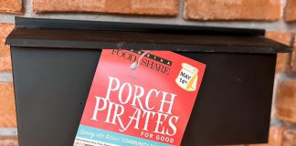 If you receive a Porch Pirates for Good flyer for the May 14, 2022 food drive, attach it to your bag of donated non-perishable food items on your front porch so volunteers can see it. The flyer design was again donated by Amy LeClair Graphic Design with printing by Package Plus. (Photo: Kawartha Food Share / Facebook)