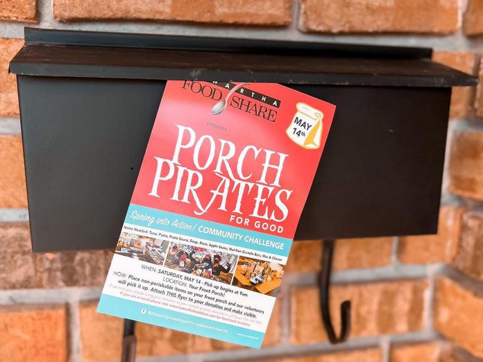 If you receive a Porch Pirates for Good flyer for the May 14, 2022 food drive, attach it to your bag of donated non-perishable food items on your front porch so volunteers can see it. The flyer design was again donated by Amy LeClair Graphic Design with printing by Package Plus. (Photo: Kawartha Food Share / Facebook)