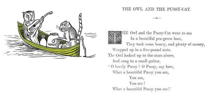 The first stanza of Edward Lear's famous poem "The Owl and the Pussy-Cat", with an illustration by Lear, first published in 1871 as part of his book "Nonsense Songs, Stories, Botany, and Alphabets." Lear wrote the poem for the three-year-old girl daughter of a friend and fellow poet. (Photo: British Library)