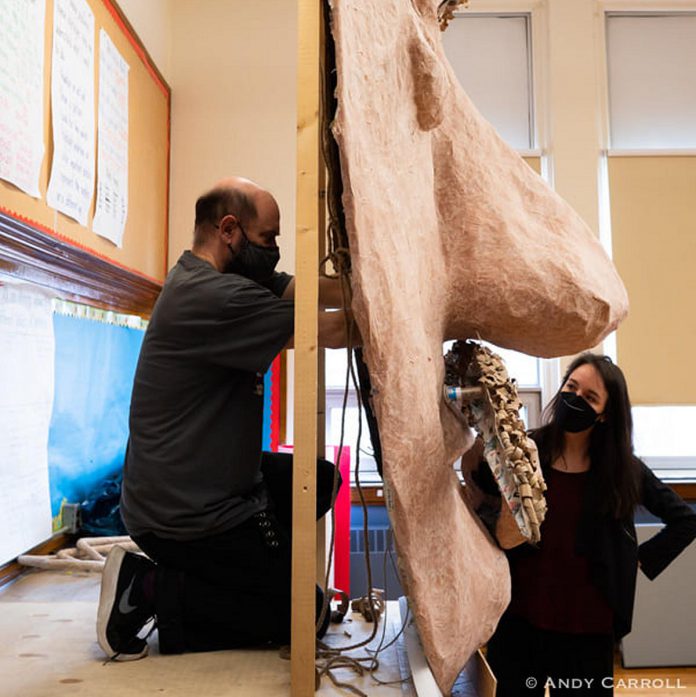 Actor-puppeteer Brad Brackenridge and dance-theatre artist Dreda Blow work on the giant mask of English author and poet Edward Lear for "The Lear Project", which premieres at Public Energy's Erring at King George" multi-arts festival from May 6 to 8 and May 13 to 15, 2022. (Photo: Andy Carroll)