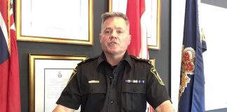 On May 17, 2022, acting Peterborough police chief Tim Farquharson announced in a video statement police would not be laying any charges in the May 10 incident where protestors verbally accosted federal NDP leader Jagmeet Singh when he visited the local Ontario NDP candidate in Peterborough. (kawarthaNOW screenshot of YouTube video)