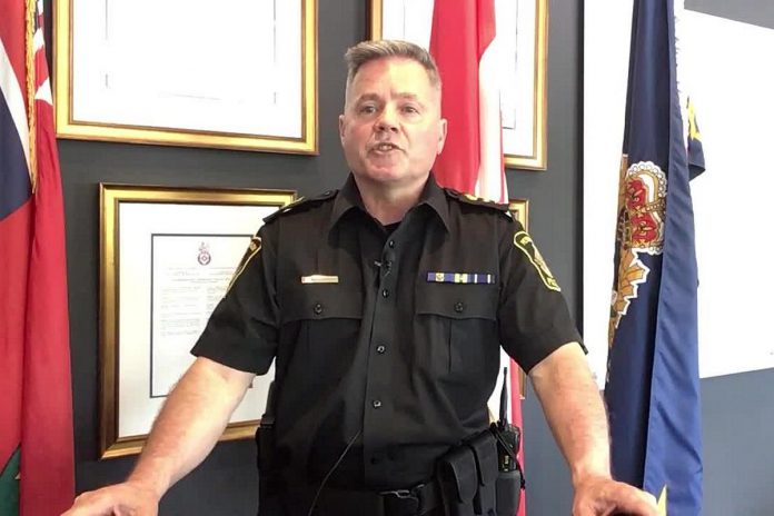 On May 17, 2022, acting Peterborough police chief Tim Farquharson announced in a video statement police would not be laying any charges in the May 10 incident where protestors verbally accosted federal NDP leader Jagmeet Singh when he visited the local Ontario NDP candidate in Peterborough. (kawarthaNOW screenshot of YouTube video)