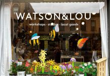 Butterflies, bees, and flowers adorn the window of creative hub Watson & Lou at 383 Water Street in downtown Peterborough. The window display is part of a fundraiser for Monarch Ultra, a local organization that aims to raise awareness for monarch butterflies by organizing long-distance running events. (Supplied photo)