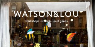 Butterflies, bees, and flowers adorn the window of creative hub Watson & Lou at 383 Water Street in downtown Peterborough. The window display is part of a fundraiser for Monarch Ultra, a local organization that aims to raise awareness for monarch butterflies by organizing long-distance running events. (Supplied photo)