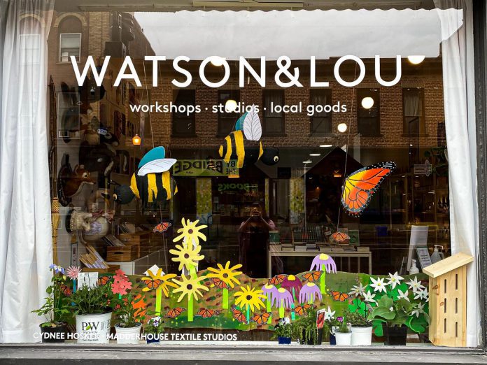 Butterflies, bees, and flowers adorn the window of creative hub Watson & Lou at 383 Water Street in downtown Peterborough. The window display is part of a fundraiser for Monarch Ultra, a local organization that aims to raise awareness for monarch butterflies by organizing long-distance running events. (Supplied photo)
