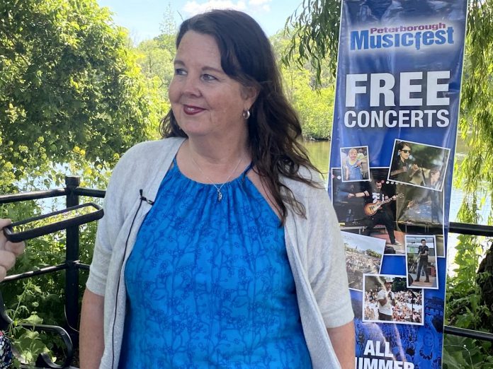 Peterborough Musicfest Tracey Randall at the announcement of the 2022 lineup for the free-admission summer music festival at the Silver Bean Café in Millennium Park on Wednesday, June 8. (Photo: Paul Rellinger / kawarthaNOW)