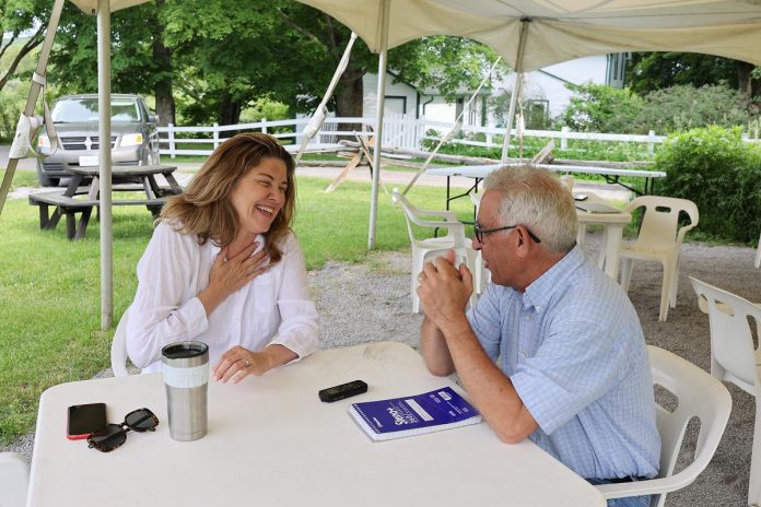 "The Great Shadow" director Cynthia Ashperger speaks with kawarthaNOW's Paul Rellinger during a media event at 4th Line Theatre's Winslow Farm in Millbrook on June 15, 2022. (Photo: Heather Doughty / kawarthaNOW)