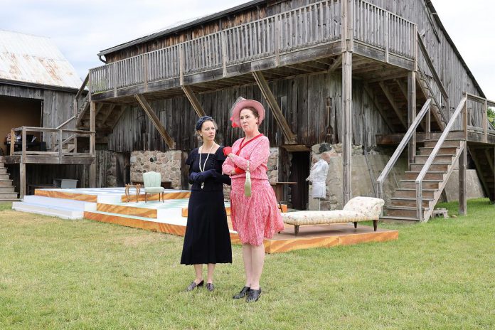 "The Great Shadow" actors Sochi Fried and Shelley Simester perform a scene as Luella Parson and Hedda Hopper during a media event at 4th Line Theatre's Winslow Farm in Millbrook on June 15, 2022. (Photo: Heather Doughty / kawarthaNOW)