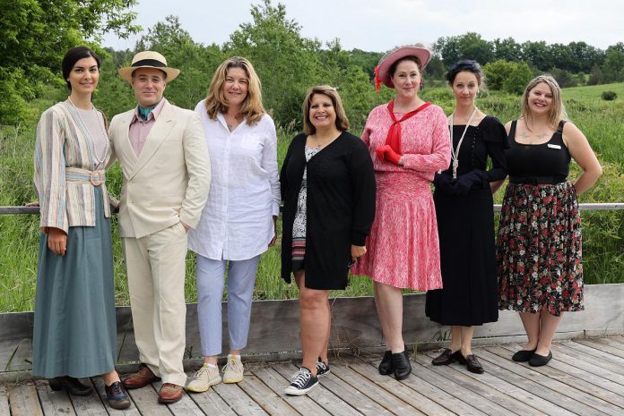 "The Great Shadow" actors Julia Scaringi and M. John Kennedy, director Cynthia Ashperger, 4th Line managing artistic director Kim Blackwell, actors Shelley Simester and Sochi Fried, and 4th Line general manager Lindy Finlan during a media event at 4th Line Theatre's Winslow Farm in Millbrook on June 15, 2022. (Photo: Heather Doughty / kawarthaNOW)