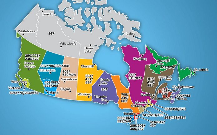 Area codes in Canada. (Map: Telecommunications Alliance)