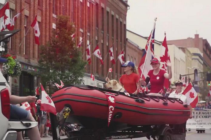 A Canada Day parade in downtown Port Hope prior to the pandemic. (kawarthaNOW screenshot of Municipality of Port Hope video)