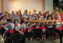 Members of Dragons Abreast, the first breast cancer survivor dragon boat team in Toronto and one of the first in the world, with the five-foot model of a dragon boat they donated to The Canadian Canoe Museum in Peterborough on June 15, 2022. The model is a scale replica of the dragon boat built in 2008 by the Avalon Dragons, Newfoundland and Labrador's first breast cancer survivor dragon boat team. (Photo: The Canadian Canoe Museum / Facebook)