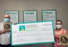 Peterborough writer Erica Richmond (right) with her $530 donation to the Canadian Mental Health Association, Haliburton, Kawartha, Pine Ridge. During May, Richmond announced she would donate half of the proceeds of her children's book 'Pixie and the Bees'. (Photo courtesy of CMHA HKPR)