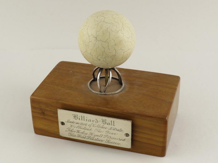 A billiard ball made of cellulose nitrate, an early plastic predating oil-based plastics that eventually became known as celluloid (and was later used for early photographic film). John Wesley Hyatt developed the new substance in 1868 as a usable substitute for ivory in billiard balls. Hyatt formed the Celluloid Manufacturing Co. in 1871 and patented the world's first injection moulding machine. (Photo: National Museum of American History)