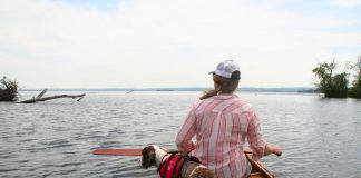 Taylor Wilkes with Blitz the dog paddle out of the Otonabee River delta into Rice Lake in the summer of 2021. For Wilkes, the journey was an opportunity to reflect on colonial privilege while using an Indigenous mode of transportation. (Photo: Jenn McCallum)