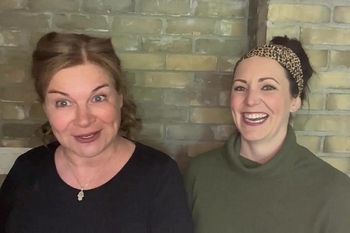 Linda Kash and Megan Murphy will perform a staged reading of Irish playwright Marie Jones' 2012 play "Fly Me to the Moon", New Stages Peterborough's first production since the pandemic began, on June 19, 2022 at Market Hall Performing Arts Centre in downtown Peterborough. (kawarthaNOW screenshot of Facebook video)