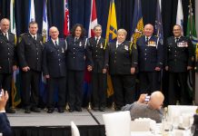 Left to right: Northumberland Paramedics deputy chief of quality improvement & professional standards Gord Nevils, Northumberland Paramedics deputy chief of operations Keith Barrett, Northumberland Paramedics paramedic Dan Dulmage, Northumberland Paramedics paramedic Heidi Brown, Northumberland Paramedics paramedic Angie Morrison, Northumberland Paramedics chief Susan Brown, Northumberland Paramedics paramedic Bob Cranley, Canadian Armed Forces chief warrant officer Martin Bedard, and Canadian Armed Force surgeon general major-general Marc Bilodeau. (Photo courtesy of Northumberland County)