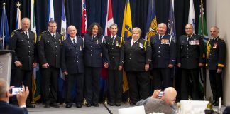 Left to right: Northumberland Paramedics deputy chief of quality improvement & professional standards Gord Nevils, Northumberland Paramedics deputy chief of operations Keith Barrett, Northumberland Paramedics paramedic Dan Dulmage, Northumberland Paramedics paramedic Heidi Brown, Northumberland Paramedics paramedic Angie Morrison, Northumberland Paramedics chief Susan Brown, Northumberland Paramedics paramedic Bob Cranley, Canadian Armed Forces chief warrant officer Martin Bedard, and Canadian Armed Force surgeon general major-general Marc Bilodeau. (Photo courtesy of Northumberland County)