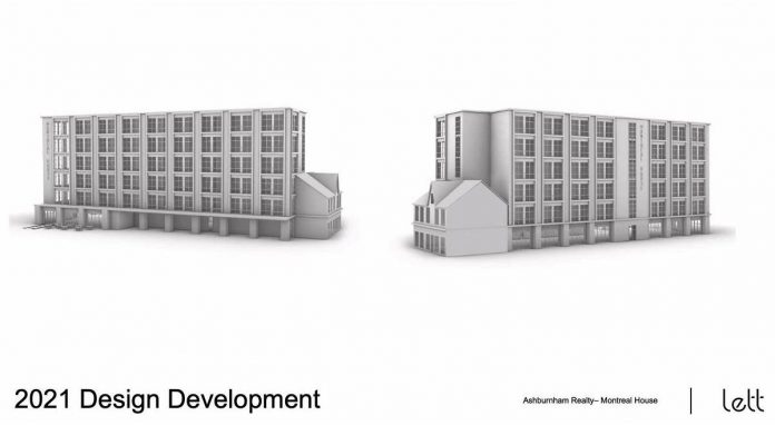 A conceptual rendering from 2021 of Ashburnham Realty's commercial and residential development in the City of Peterborough's Louis Street urban park development in 2021, showing the former Montreal House building incorporated into the design. (kawarthaNOW screenshot of Lett Architects Inc. presentation)