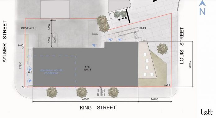 Flood plain requirements and accessibility requirements have shifted the original location of Ashburnham Realty's commercial and residential development onto the footprint of the former Montreal House building.  (kawarthaNOW screenshot of Lett Architects Inc. presentation)