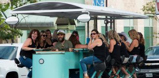 'Captain' Peter Rellinger steers PedalBoro's 15-passenger party bike during the inaugural season of the eco-friendly business he and Hillary Flood launched in 2019. PedalBoro returns for a four-month season in 2022 on Canada Day after a two-year pandemic hiatus. (Photo courtesy of PedalBoro)