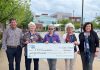Ross Memorial Hospital (RMH) Auxiliary 50/50 committee members Nelia Steward, Karen Simser, and Jan Morrison present a cheque for $40,000 to RMH Foundation board chair Ryan O'Neill, left, and RMH Foundation CEO Erin Coons, right. (Photo courtesy of Ross Memorial Hospital Foundation)