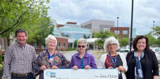 Ross Memorial Hospital (RMH) Auxiliary 50/50 committee members Nelia Steward, Karen Simser, and Jan Morrison present a cheque for $40,000 to RMH Foundation board chair Ryan O'Neill, left, and RMH Foundation CEO Erin Coons, right. (Photo courtesy of Ross Memorial Hospital Foundation)