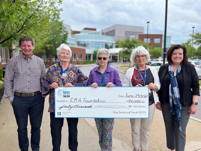 Ross Memorial Hospital (RMH) Auxiliary 50/50 committee members Nelia Steward, Karen Simser, and Jan Morrison present a cheque for $40,000 to RMH Foundation board chair Ryan O'Neill, left, and RMH Foundation CEO Erin Coons, right. (Photo courtesy of Ross Memorial Hospital Foundation)