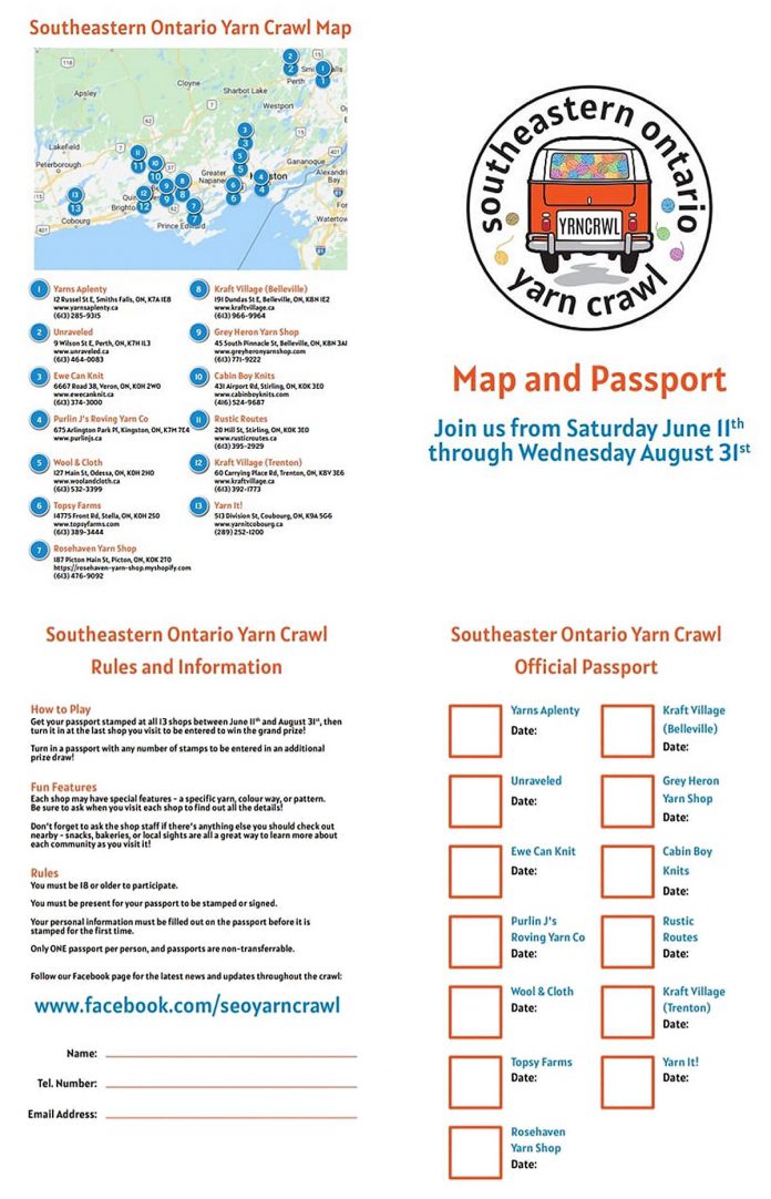 The map and passport for the Southeastern Ontario Yarn Crawl is available at any of the 13 participating locations. (Graphic:  Southeastern Ontario Yarn Crawl)