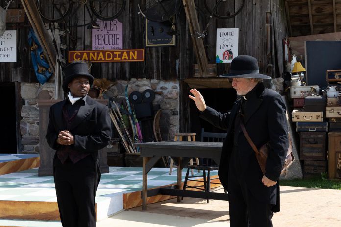 Tavaree Daniel-Simms as James Small and Robert Winslow as preacher Thaddeus Lewis perform a scene from 4th Line Theatre's production of "Wishful Seeing", an adaptation by Maja Ardal of Janet Kellough's novel of the same name, during a media event on July 20, 2022. The play premieres at Winslow Farm in Millbrook on August 2 and runs Tuesdays to Saturdays until August 27. (Photo: Heather Doughty / kawarthaNOW)