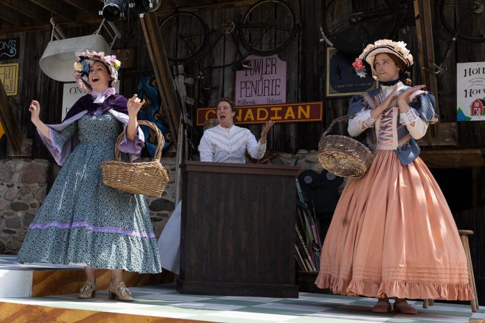 Megan Murphy, Naomi Duvall, and Conor Ling perform a scene from 4th Line Theatre's production of "Wishful Seeing", an adaptation by Maja Ardal of Janet Kellough's novel of the same name, during a media event on July 20, 2022.  (Photo: Heather Doughty / kawarthaNOW)