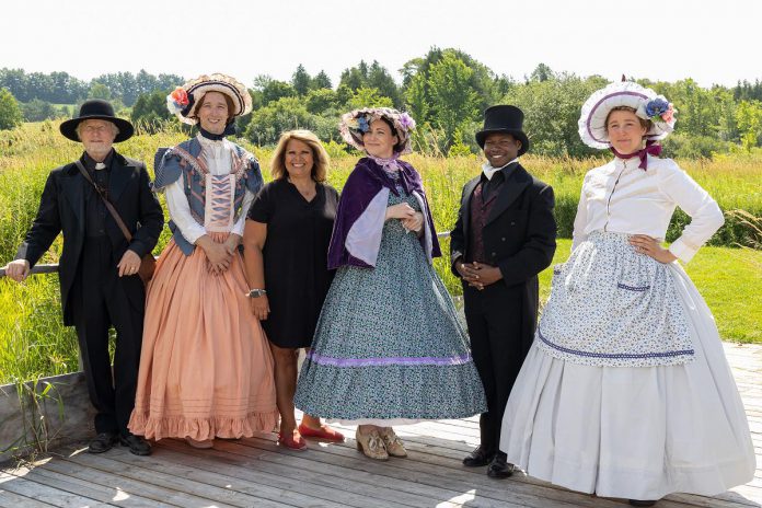 "Wishful Seeing" director Kim Blackwell (third from left) with actors Robert Winslow, Conor Ling, Megan Murphy, Tavaree Daniel-Simms, and Naomi Duvall during a media event at 4th Line Theatre’s Winslow Farm in Millbrook on July 20, 2022. (Photo: Heather Doughty / kawarthaNOW)