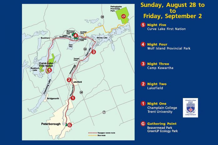 A map and schedule of the Rotary Club of Peterborough Kawartha's 2022 'Adventure in Understanding' canoe trip. (Graphic: Rotary Club of Peterborough Kawartha)