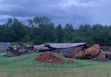 A barn at Woodland North 62 Lavender Farm in Madoc was flattened during the July 24, 2022 storm in eastern Ontario. Weather officials have confirmed at least one tornado touched down in the Marmora, Madoc, and Tweed area east of Peterborough. (Photo: Woodland North 62 Lavender Farm / Facebook)