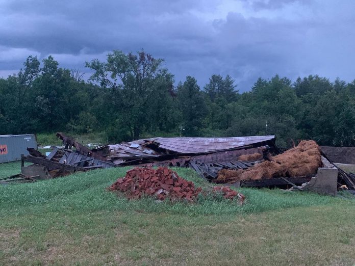 A barn at Woodland North 62 Lavender Farm in Madoc was flattened during the July 24, 2022 storm in eastern Ontario. Weather officials have confirmed at least one tornado touched down in the Marmora, Madoc, and Tweed area east of Peterborough. (Photo: Woodland North 62 Lavender Farm / Facebook)