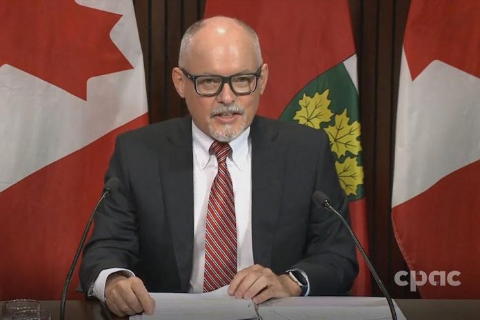 Ontario's chief medical officer of health Dr. Kieran Moore announced the expansion of second booster dose eligibility to all Ontarians aged 18 and over at a media conference at Queen's Park on July 13, 2022. (kawarthaNOW screenshot of CPAC video)