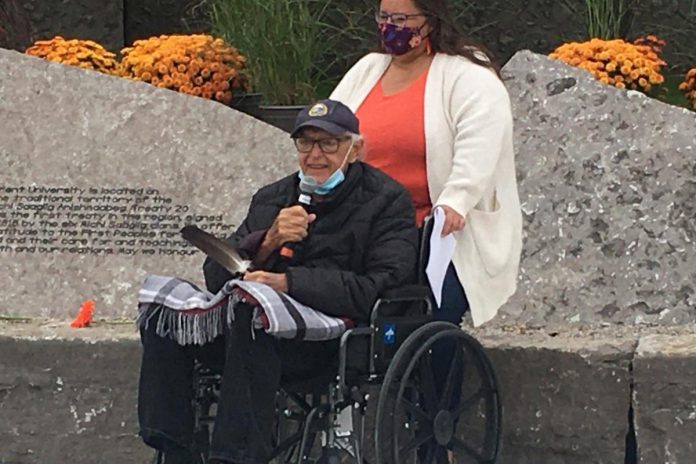 Curve Lake First Nation Elder Gidigaa Migizi (Douglas Williams), a Trent University alumnus, recounted the university’s Indigenous studies evolution at the unveiling of the treaty rock at Trent University on September 30, 2021. (Photo: Paul Rellinger / kawarthaNOW)