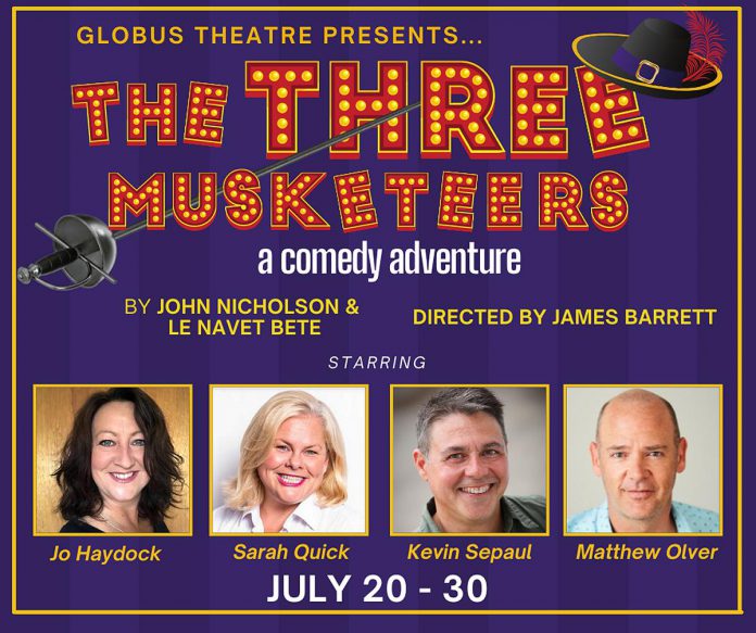 Directed by James Barrett and starring Jo Haydock, Sarah Quick, Kevin Sepau, and Matthew Olver, "The Three Musketeers" runs at 8 p.m. from July 20 to 23 and July 26 to 28, with 2 p.m. matinee performances on July 23 and 28. An optional dinner is available before the evening performances. (Graphic courtesy of Globus Theatre)